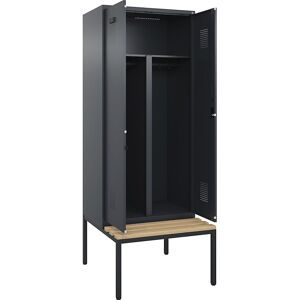 kaiserkraft Schwarz-Weiß-Spind Evolo PLUS Sitzbank, 2 Abteile, verkürzte Trennwand mittig, grau, B 800 mm, Zylinderschloss, mit untergebauter Sitzbank, Buche
