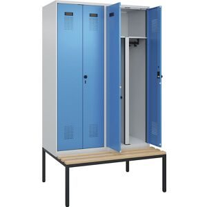 kaiserkraft Schwarz-Weiß-Spind Evolo PLUS Sitzbank, 4 Abteile, verkürzte Trennwand mittig, lichtgrau / lichtblau, B 1200 mm, Sicherheits-Drehriegel, mit