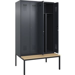 kaiserkraft Schwarz-Weiß-Spind Evolo PLUS Sitzbank, 4 Abteile, verkürzte Trennwand mittig, grau, B 1200 mm, Zylinderschloss, mit untergebauter Sitzbank, Buche
