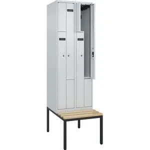kaiserkraft Z-Spind Evolo PLUS Sitzbank, 2 Abteile, lichtgrau / lichtgrau, B 600 mm, Zylinderschloss, mit untergebauter Sitzbank, Buche