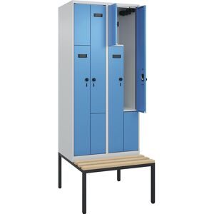 kaiserkraft Z-Spind Evolo PLUS Sitzbank, 2 Abteile, lichtgrau / lichtblau, B 800 mm, Sicherheits-Drehriegel, mit untergebauter Sitzbank, Buche