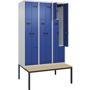 kaiserkraft Z-Spind Evolo PLUS Sitzbank, 3 Abteile, lichtgrau / enzianblau, B 1200 mm, Sicherheits-Drehriegel, mit untergebauter Sitzbank, Buche