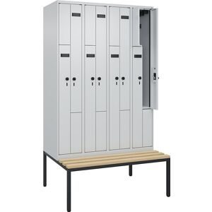 kaiserkraft Z-Spind Evolo PLUS Sitzbank, 4 Abteile, lichtgrau / lichtgrau, B 1200 mm, Sicherheits-Drehriegel, mit untergebauter Sitzbank, Buche