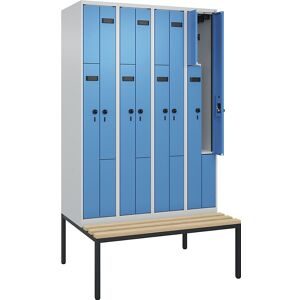 kaiserkraft Z-Spind Evolo PLUS Sitzbank, 4 Abteile, lichtgrau / lichtblau, B 1200 mm, Sicherheits-Drehriegel, mit untergebauter Sitzbank, Buche
