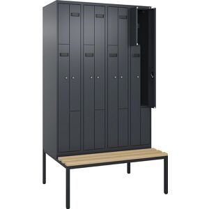 kaiserkraft Z-Spind Evolo PLUS Sitzbank, 4 Abteile, grau, B 1200 mm, Zylinderschloss, mit untergebauter Sitzbank, Buche