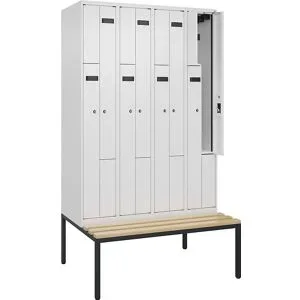 kaiserkraft Z-Spind Evolo PLUS Sitzbank, 4 Abteile, weiß, B 1200 mm, Zylinderschloss, mit untergebauter Sitzbank, Buche