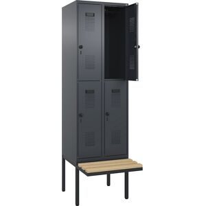 kaiserkraft Doppelstock-Spind Evolo PLUS Sitzbank, 2 Abteile, grau, B 600 mm, Sicherheits-Drehriegel, mit auskragender Sitzbank, Buche