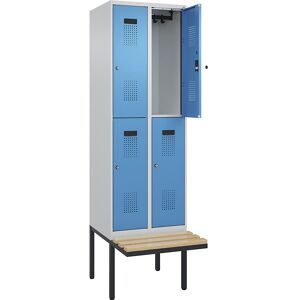 kaiserkraft Doppelstock-Spind Evolo PLUS Sitzbank, 2 Abteile, lichtgrau / lichtblau, B 600 mm, Zylinderschloss, mit auskragender Sitzbank, Buche
