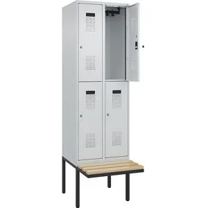 kaiserkraft Doppelstock-Spind Evolo PLUS Sitzbank, 2 Abteile, lichtgrau / lichtgrau, B 600 mm, Zylinderschloss, mit auskragender Sitzbank, Buche