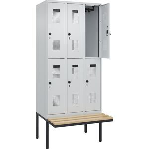 kaiserkraft Doppelstock-Spind Evolo PLUS Sitzbank, 3 Abteile, lichtgrau / lichtgrau, B 900 mm, Sicherheits-Drehriegel, mit auskragender Sitzbank, Buche
