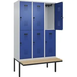 kaiserkraft Doppelstock-Spind Evolo PLUS Sitzbank, 3 Abteile, lichtgrau / enzianblau, B 1200 mm, Sicherheits-Drehriegel, mit auskragender Sitzbank, Buche