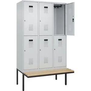 kaiserkraft Doppelstock-Spind Evolo PLUS Sitzbank, 3 Abteile, lichtgrau / lichtgrau, B 1200 mm, Zylinderschloss, mit auskragender Sitzbank, Buche