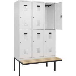 kaiserkraft Doppelstock-Spind Evolo PLUS Sitzbank, 3 Abteile, weiß, B 1200 mm, Zylinderschloss, mit auskragender Sitzbank, Buche