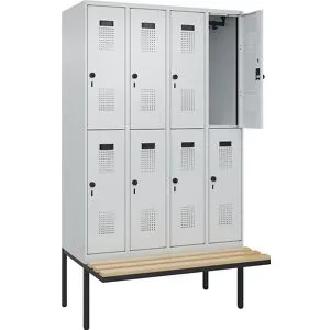 kaiserkraft Doppelstock-Spind Evolo PLUS Sitzbank, 4 Abteile, lichtgrau / lichtgrau, B 1200 mm, Sicherheits-Drehriegel, mit auskragender Sitzbank, Buche