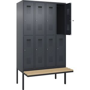 kaiserkraft Doppelstock-Spind Evolo PLUS Sitzbank, 4 Abteile, grau, B 1200 mm, Zylinderschloss, mit auskragender Sitzbank, Buche