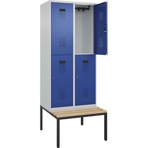 kaiserkraft Doppelstock-Spind Evolo PLUS Sitzbank, 2 Abteile, lichtgrau / enzianblau, B 800 mm, Zylinderschloss, mit untergebauter Sitzbank, Buche