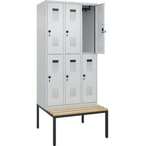 kaiserkraft Doppelstock-Spind Evolo PLUS Sitzbank, 3 Abteile, lichtgrau / lichtgrau, B 900 mm, Sicherheits-Drehriegel, mit untergebauter Sitzbank, Buche