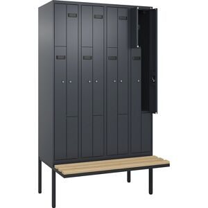 kaiserkraft Z-Spind Evolo PLUS Sitzbank, 4 Abteile, grau, B 1200 mm, Zylinderschloss, mit auskragender Sitzbank, Buche