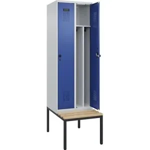 kaiserkraft Schwarz-Weiß-Spind Evolo PLUS Sitzbank, schmal, 2 Abteile, verkürzte Trennwand mittig, lichtgrau / enzianblau, B 600 mm, Sicherheits-Drehriegel, mit