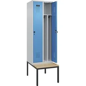 kaiserkraft Schwarz-Weiß-Spind Evolo PLUS Sitzbank, schmal, 2 Abteile, verkürzte Trennwand mittig, lichtgrau / lichtblau, B 600 mm, Sicherheits-Drehriegel, mit