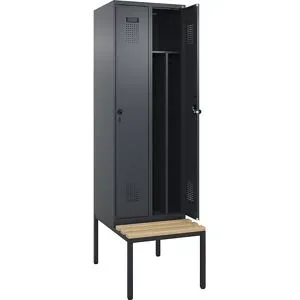 kaiserkraft Schwarz-Weiß-Spind Evolo PLUS Sitzbank, schmal, 2 Abteile, verkürzte Trennwand mittig, grau, B 600 mm, Sicherheits-Drehriegel, mit untergebauter