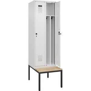kaiserkraft Schwarz-Weiß-Spind Evolo PLUS Sitzbank, schmal, 2 Abteile, verkürzte Trennwand mittig, weiß, B 600 mm, Sicherheits-Drehriegel, mit untergebauter