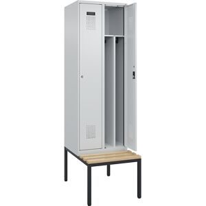 kaiserkraft Schwarz-Weiß-Spind Evolo PLUS Sitzbank, schmal, 2 Abteile, verkürzte Trennwand mittig, lichtgrau / lichtgrau, B 600 mm, Zylinderschloss, mit