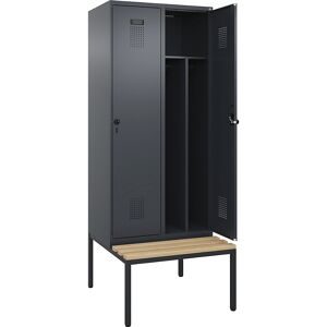 kaiserkraft Schwarz-Weiß-Spind Evolo PLUS Sitzbank, schmal, 2 Abteile, verkürzte Trennwand mittig, grau, B 800 mm, Sicherheits-Drehriegel, mit untergebauter