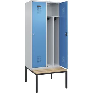 kaiserkraft Schwarz-Weiß-Spind Evolo PLUS Sitzbank, schmal, 2 Abteile, verkürzte Trennwand mittig, lichtgrau / lichtblau, B 800 mm, Zylinderschloss, mit