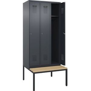 kaiserkraft Spind Evolo PLUS Sitzbank, 3 Abteile, grau, B 900 mm, Zylinderschloss, mit untergebauter Sitzbank, Buche