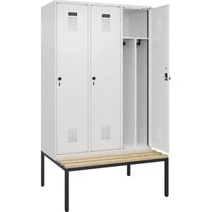 kaiserkraft Schwarz-Weiß-Spind Evolo PLUS Sitzbank, schmal, 3 Abteile, verkürzte Trennwand mittig, weiß, B 1200 mm, Sicherheits-Drehriegel, mit untergebauter