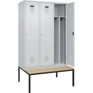 kaiserkraft Schwarz-Weiß-Spind Evolo PLUS Sitzbank, schmal, 3 Abteile, verkürzte Trennwand mittig, lichtgrau / lichtgrau, B 1200 mm, Zylinderschloss, mit