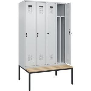 kaiserkraft Schwarz-Weiß-Spind Evolo PLUS Sitzbank, schmal, 4 Abteile, verkürzte Trennwand mittig, lichtgrau / lichtgrau, B 1200 mm, Sicherheits-Drehriegel, mit