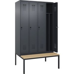 kaiserkraft Schwarz-Weiß-Spind Evolo PLUS Sitzbank, schmal, 4 Abteile, verkürzte Trennwand mittig, grau, B 1200 mm, Sicherheits-Drehriegel, mit untergebauter