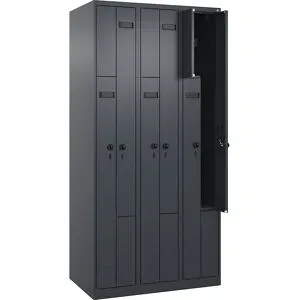 kaiserkraft Z-Spind Evolo PLUS, 3 Abteile, grau, B 900 mm, 6 Fächer, mit Bodengleitern, Sicherheits-Drehriegel