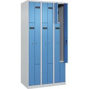 kaiserkraft Z-Spind Evolo PLUS, 3 Abteile, lichtgrau / lichtblau, B 900 mm, 6 Fächer, mit Bodengleitern, Zylinderschloss