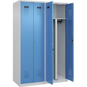 kaiserkraft Schwarz-Weiß-Spind Evolo PLUS, 2 Abteile, verkürzte Trennwand mittig, lichtgrau / lichtblau, B 1200 mm, mit Bodengleitern, Zylinderschloss