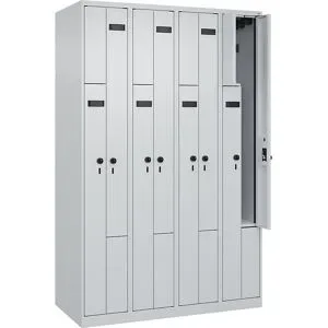 kaiserkraft Z-Spind Evolo PLUS, 4 Abteile, lichtgrau, B 1200 mm, 8 Fächer, mit Bodengleitern, Sicherheits-Drehriegel