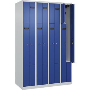 kaiserkraft Z-Spind Evolo PLUS, 4 Abteile, lichtgrau / enzianblau, B 1200 mm, 8 Fächer, mit Bodengleitern, Zylinderschloss