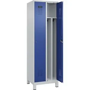 kaiserkraft Schwarz-Weiß-Spind Evolo PLUS, schmal, 2 Abteile, verkürzte Trennwand mittig, lichtgrau / enzianblau, B 600 mm, mit breiten Füßen, Zylinderschloss