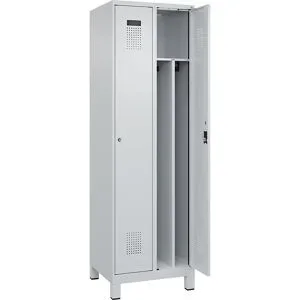 kaiserkraft Schwarz-Weiß-Spind Evolo PLUS, schmal, 2 Abteile, verkürzte Trennwand mittig, lichtgrau, B 600 mm, mit breiten Füßen, Zylinderschloss