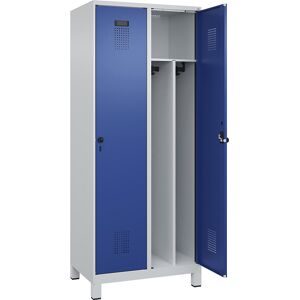 kaiserkraft Schwarz-Weiß-Spind Evolo PLUS, schmal, 2 Abteile, verkürzte Trennwand mittig, lichtgrau / enzianblau, B 800 mm, mit breiten Füßen,