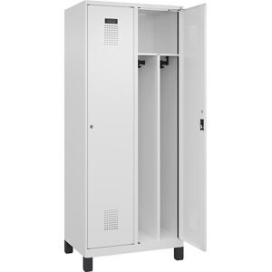 kaiserkraft Schwarz-Weiß-Spind Evolo PLUS, schmal, 2 Abteile, verkürzte Trennwand mittig, weiß, B 800 mm, mit breiten Füßen, Zylinderschloss