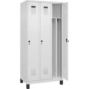 kaiserkraft Schwarz-Weiß-Spind Evolo PLUS, schmal, 3 Abteile, verkürzte Trennwand mittig, weiß, B 900 mm, mit breiten Füßen, Sicherheits-Drehriegel