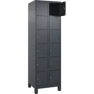 kaiserkraft 6er-Schließfachschrank Evolo PLUS, 2 Abteile, grau, B 600 mm, 12 Fächer, mit breiten Füßen, Zylinderschloss
