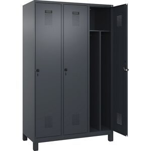 kaiserkraft Schwarz-Weiß-Spind Evolo PLUS, schmal, 3 Abteile, verkürzte Trennwand mittig, grau, B 1200 mm, mit breiten Füßen, Sicherheits-Drehriegel