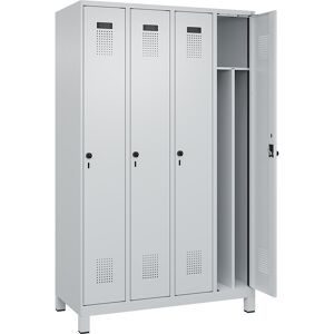 kaiserkraft Schwarz-Weiß-Spind Evolo PLUS, schmal, 4 Abteile, verkürzte Trennwand mittig, lichtgrau, B 1200 mm, mit breiten Füßen, Sicherheits-Drehriegel
