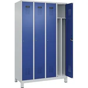 kaiserkraft Schwarz-Weiß-Spind Evolo PLUS, schmal, 4 Abteile, verkürzte Trennwand mittig, lichtgrau / enzianblau, B 1200 mm, mit breiten Füßen, Zylinderschloss