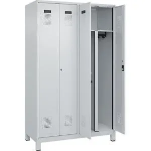 kaiserkraft Schwarz-Weiß-Spind Evolo PLUS, 2 Abteile, verkürzte Trennwand mittig, lichtgrau, B 1200 mm, mit breiten Füßen, Zylinderschloss