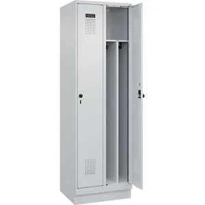 kaiserkraft Schwarz-Weiß-Spind Evolo PLUS, schmal, 2 Abteile, verkürzte Trennwand mittig, lichtgrau, B 600 mm, mit Bodensockel, Sicherheits-Drehriegel